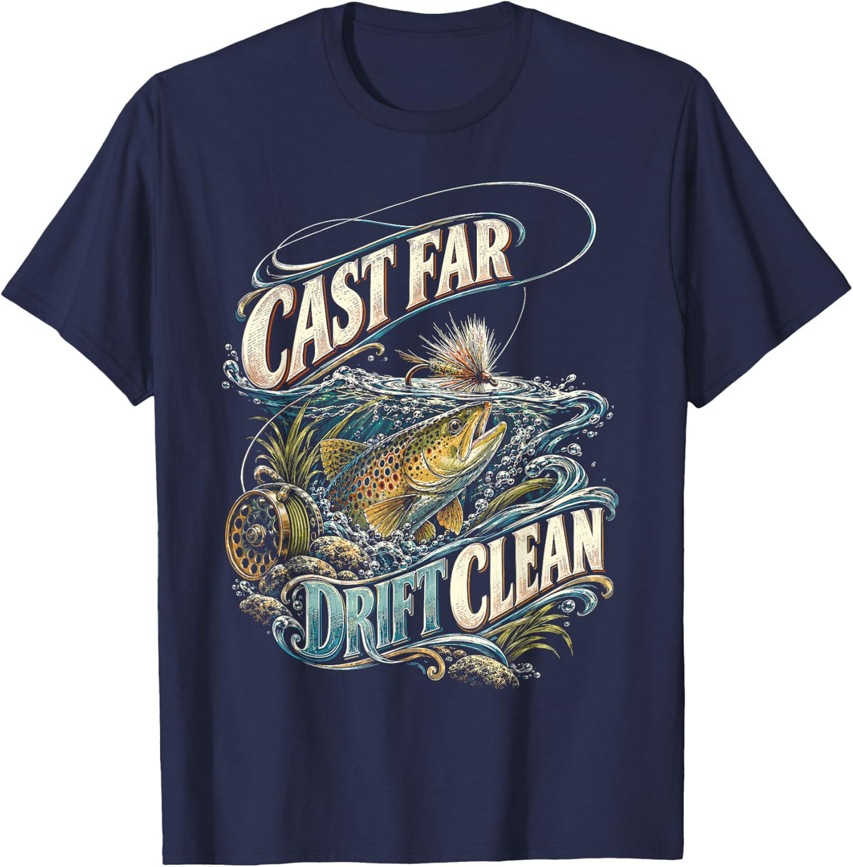 Fly Tying Fly Fishing Cast Far Drift Clean T-Shirt - Navy Blue
