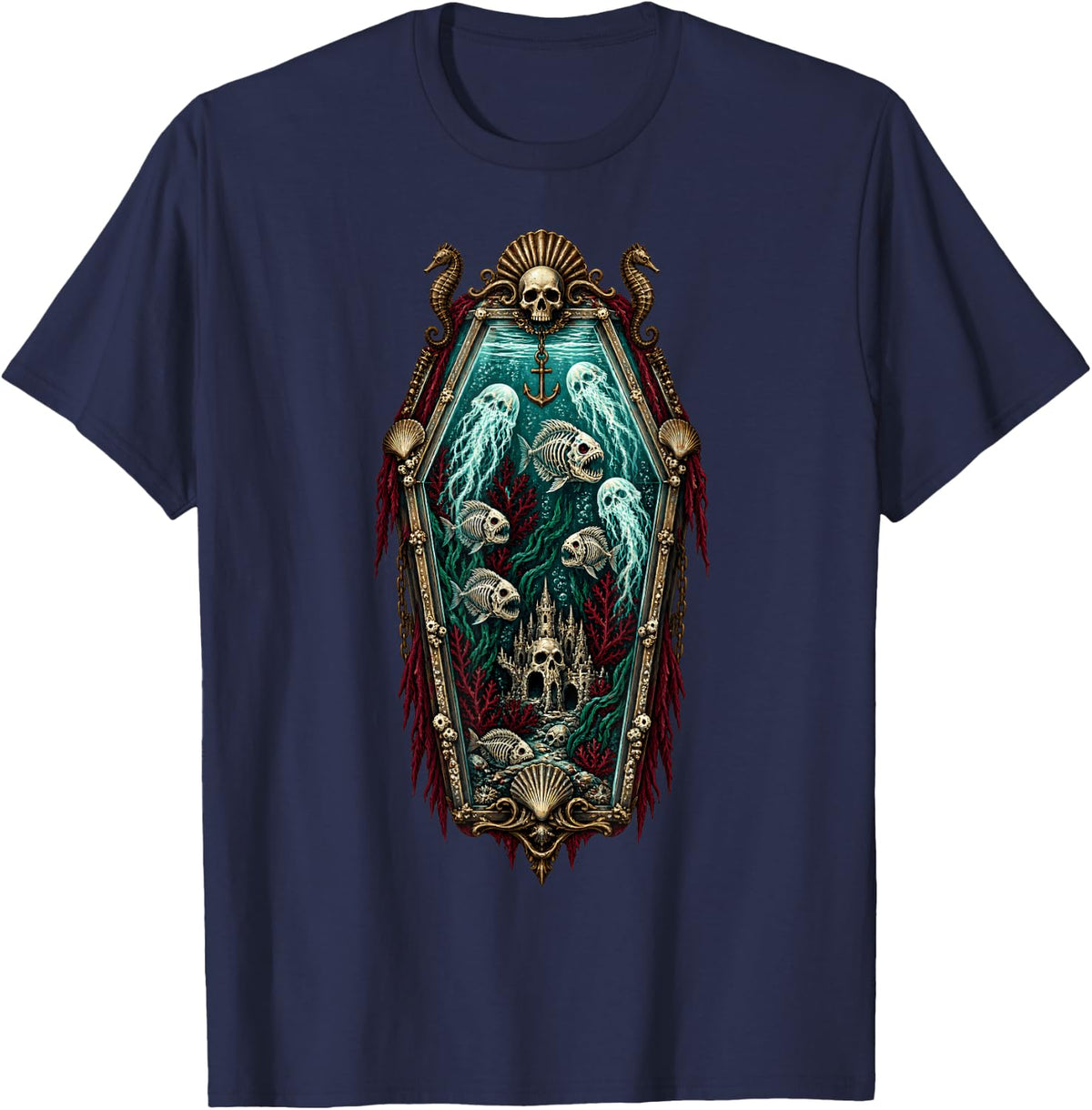 Coffin Ocean Halloween Gothic Sea Horror T-Shirt - Navy Blue