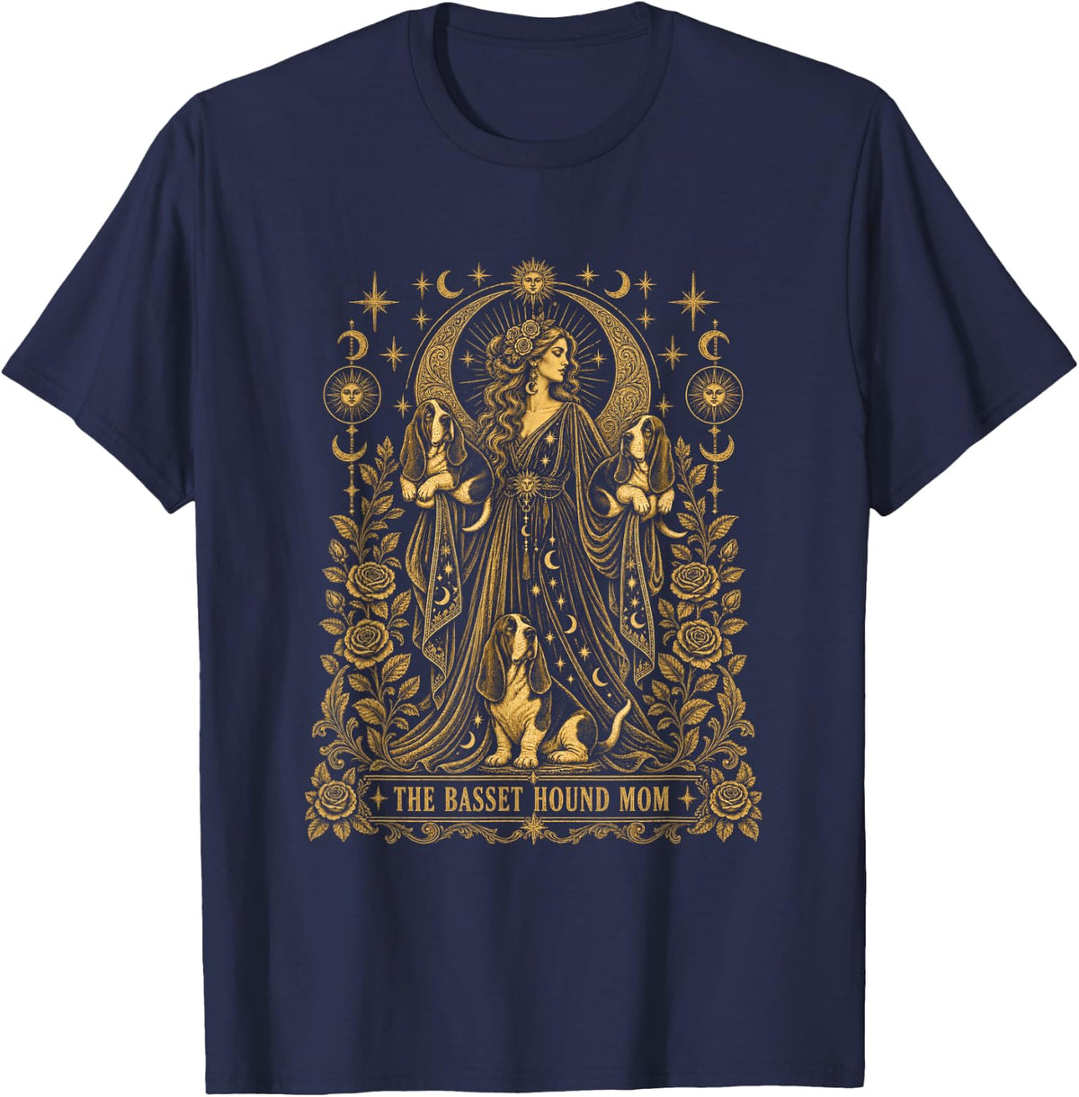 The Basset Hound Mom Tarot Card Celestial Moon Stars T-Shirt - Navy Blue