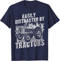Farming Farmer Tractor Retro Vintage Easily Distracted By T-Shirt - Navy Blue
