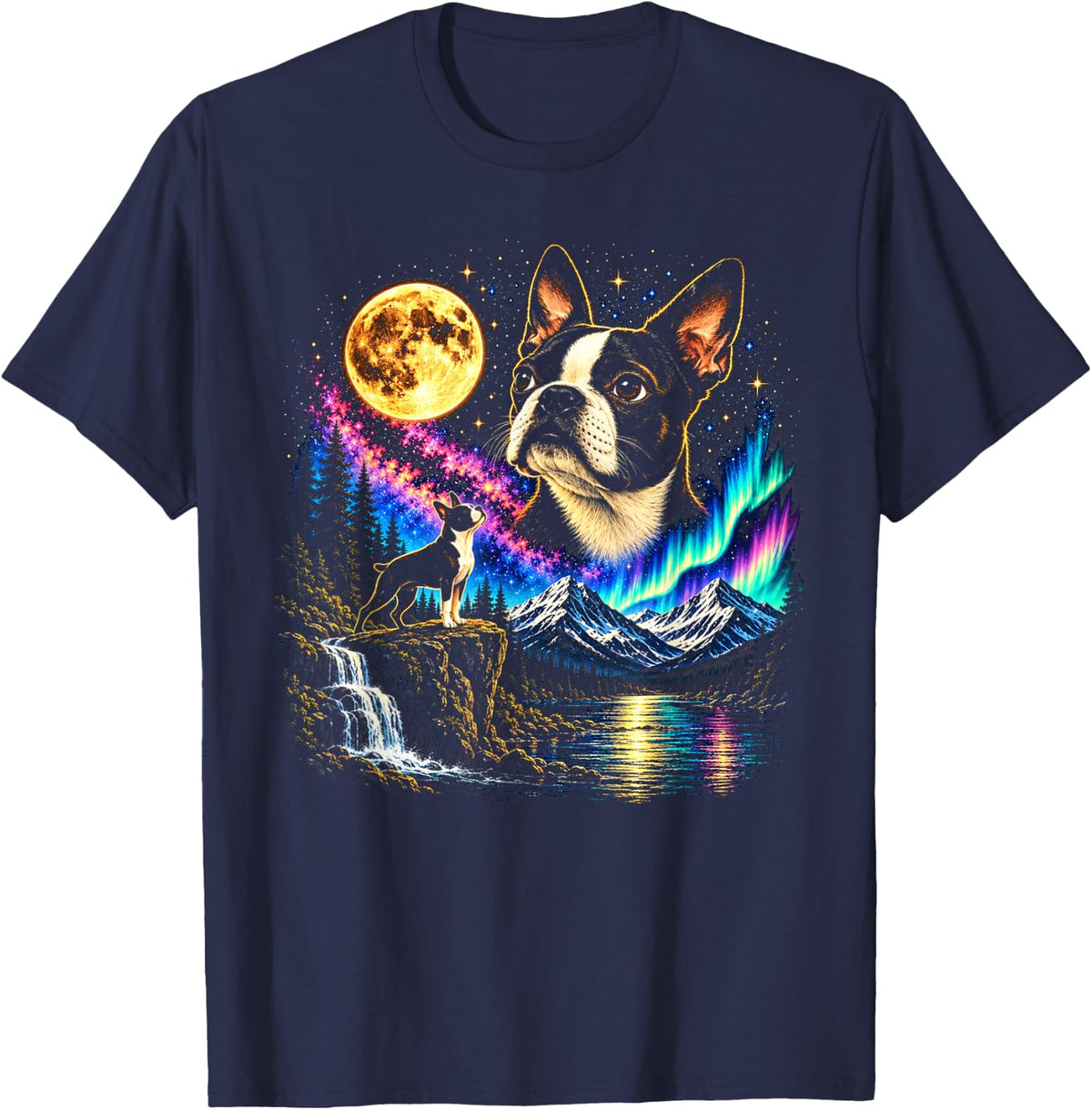 Funny Boston Terrier Howling Moon Northern Lights Art Design T-Shirt - Navy Blue