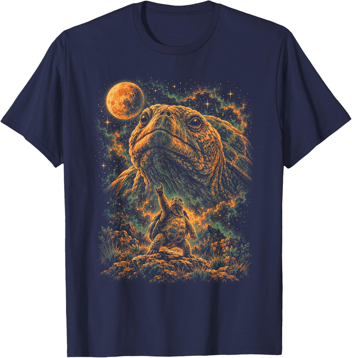 Tortoise Rock and Roll Full Moon Night Sky Wild Hills T-Shirt - Navy Blue