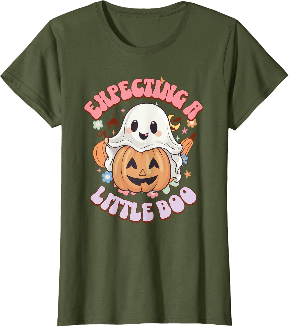 Halloween Pregnancy Mom To Be Expecting Little Boo T-Shirt - Olive Green
