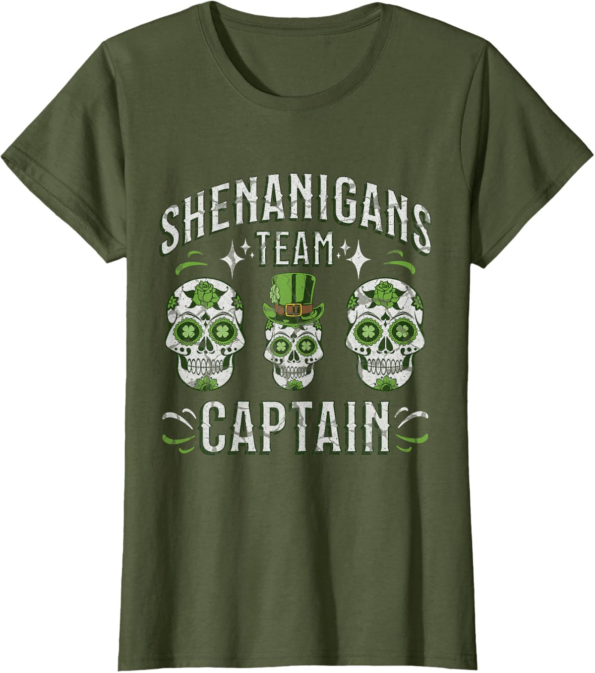 Funny St Patricks Day Shenanigans Team Captain Skeletons T-Shirt - Olive Green