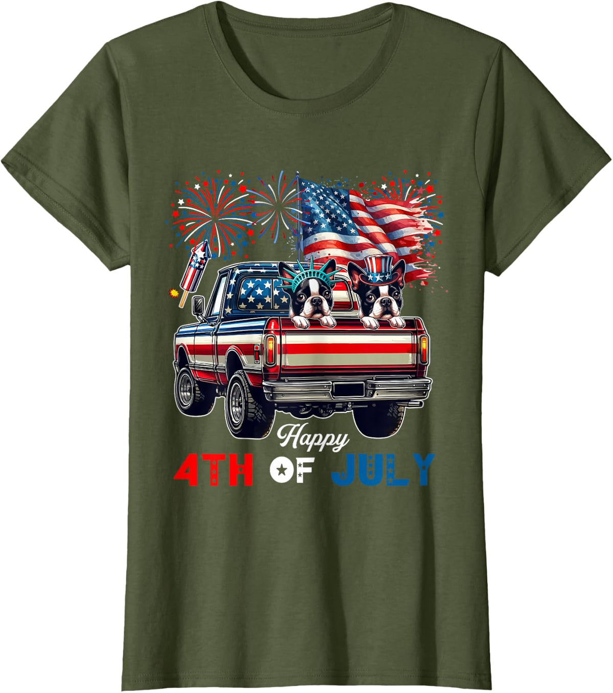 4th Of July Two Cute Boston Terriers On Pickup Truck Flag T-Shirt - Olive Green
