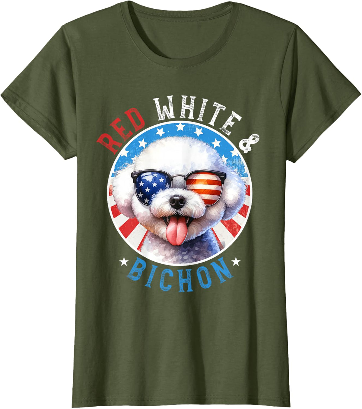 Bichon Frise Dog 4th of July Red White and Bichon Lovers T-Shirt - Olive Green