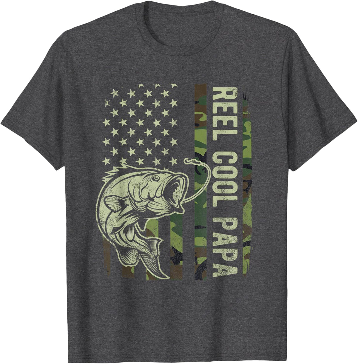 Reel Cool Papa Camouflage American Flag Bass Fish Fisherman T-Shirt - Dark Heather Grey