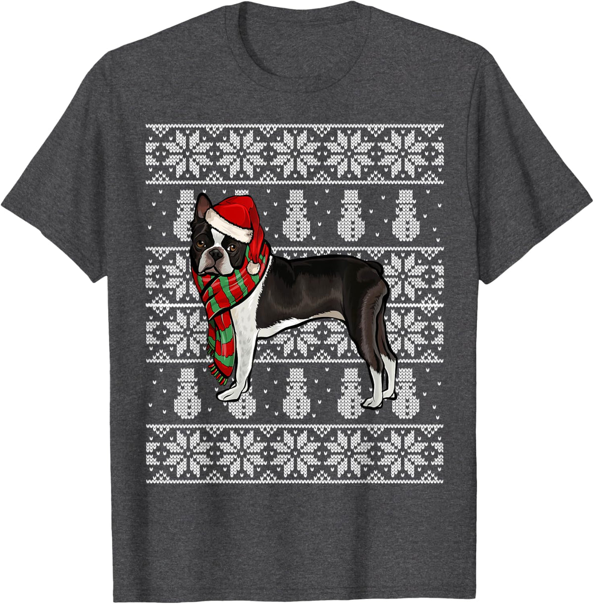 Santa Hat Xmas Boston Terrier Ugly Christmas T-Shirt - Dark Heather Grey