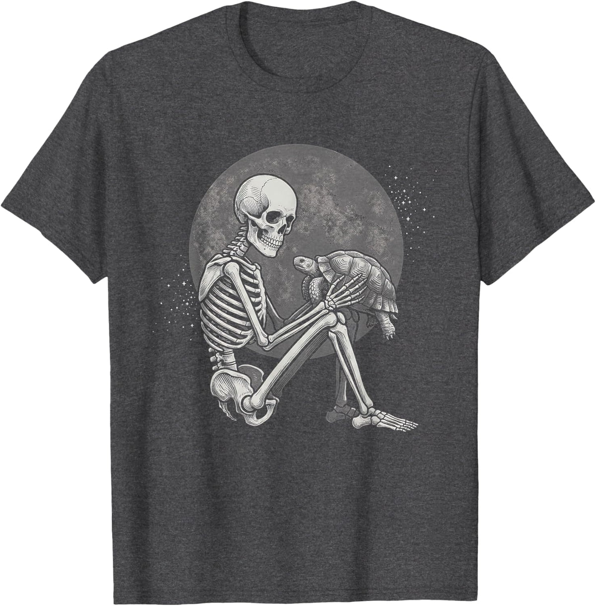 Reptile Lover Tortoise Held by a Skeleton Night Sky T-Shirt - Dark Heather Grey