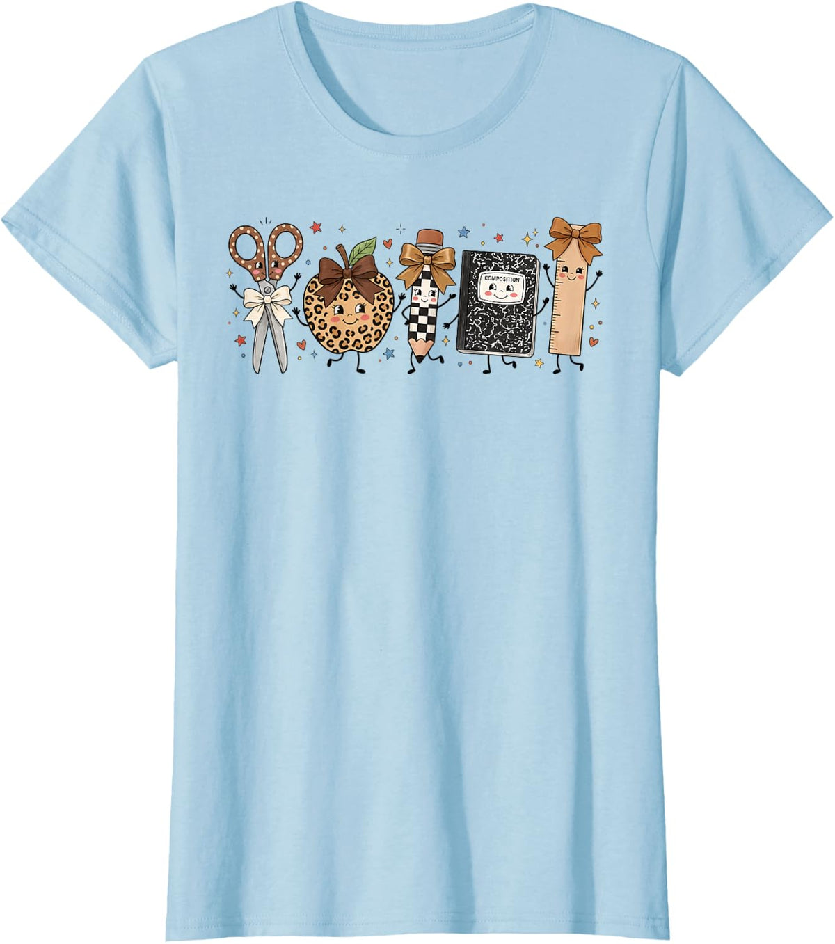 Cute Back to School Supplies Leopard Print Bow Teacher T-Shirt - Baby Blue