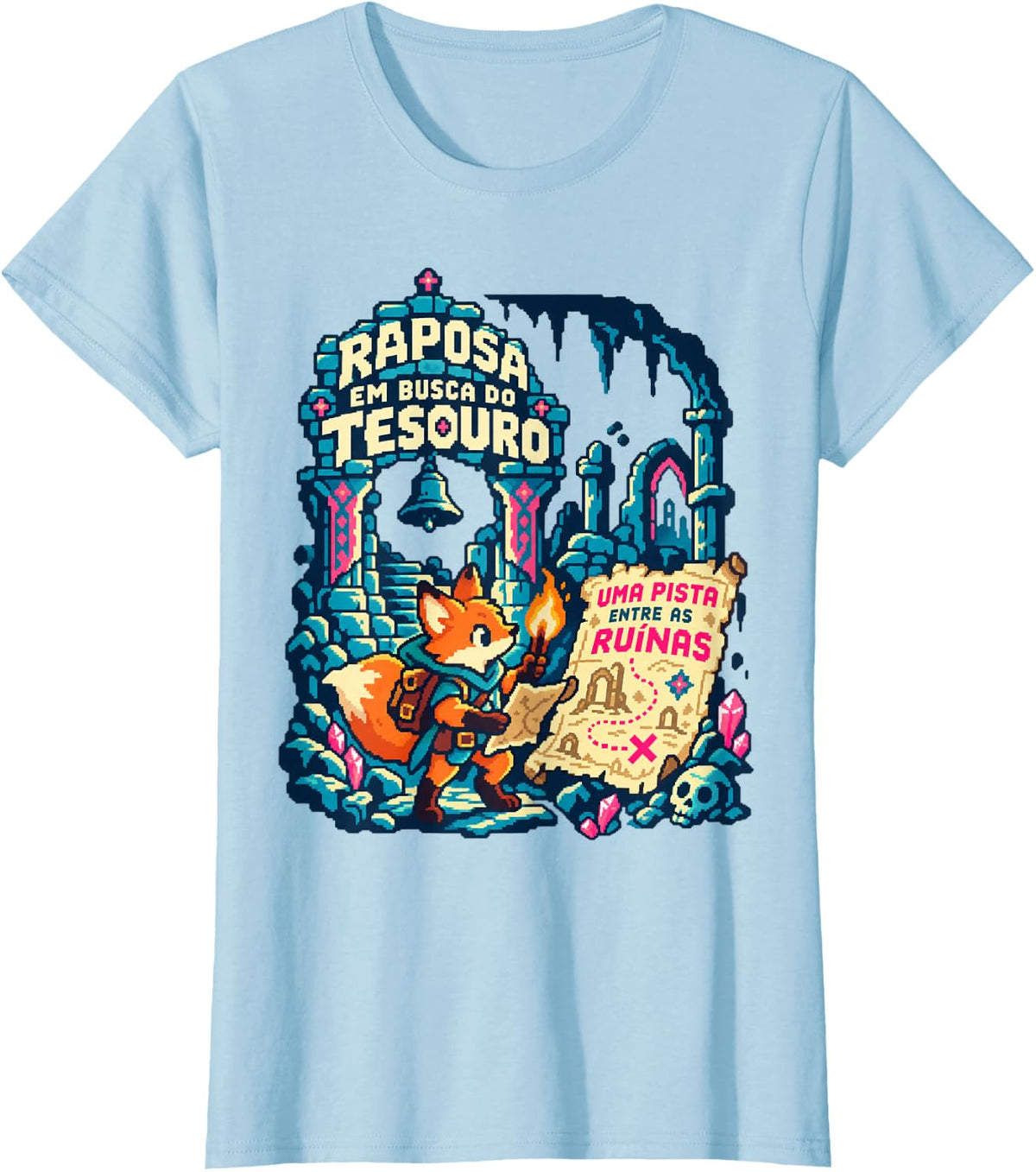 Portuguese Saying Pixel Art Fox Explorer T-Shirt - Baby Blue