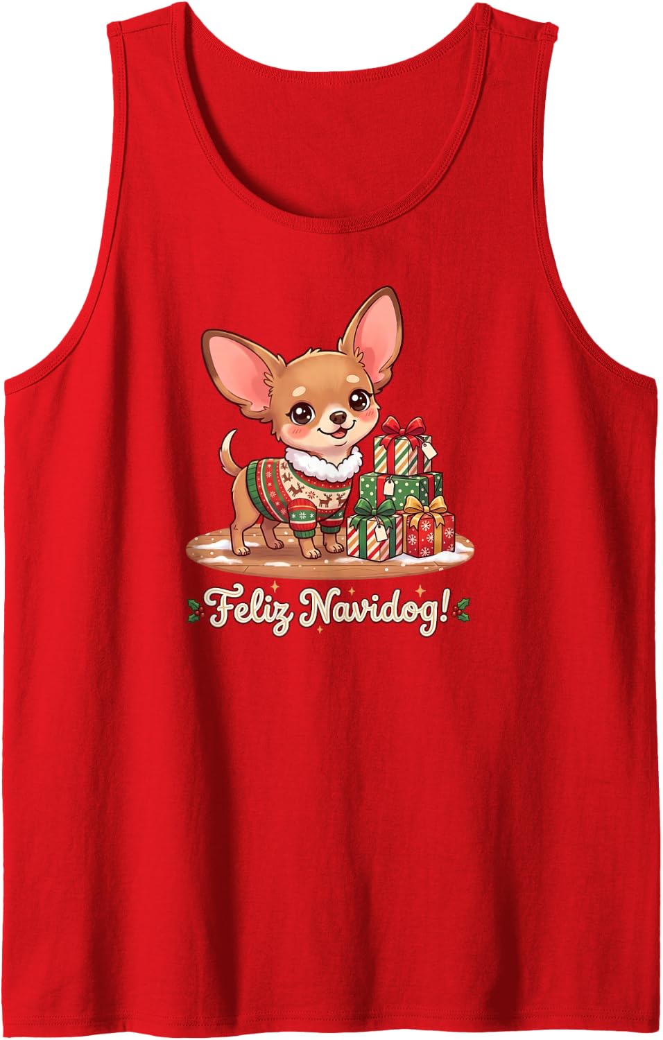 Feliz Navidog, Funny Cute Christmas Chihuahua Sleeveless Tank Top - Red