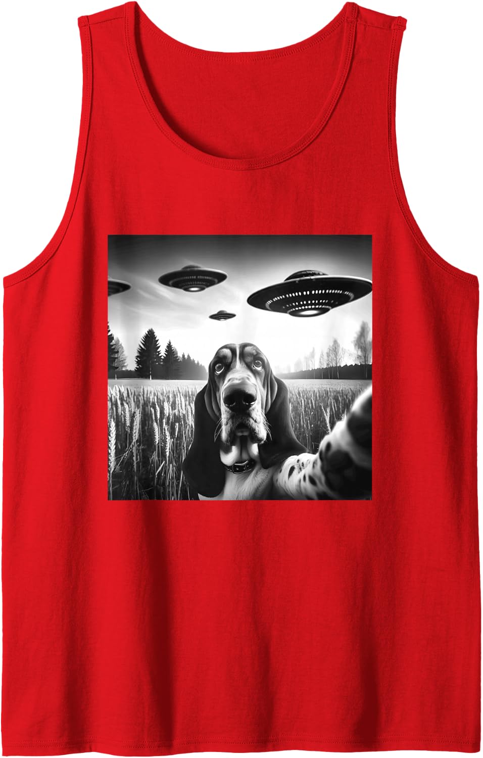 Basset Hound Funny Dog Graphic Selfie with UFOs Weird Aliens Sleeveless Tank Top - Red
