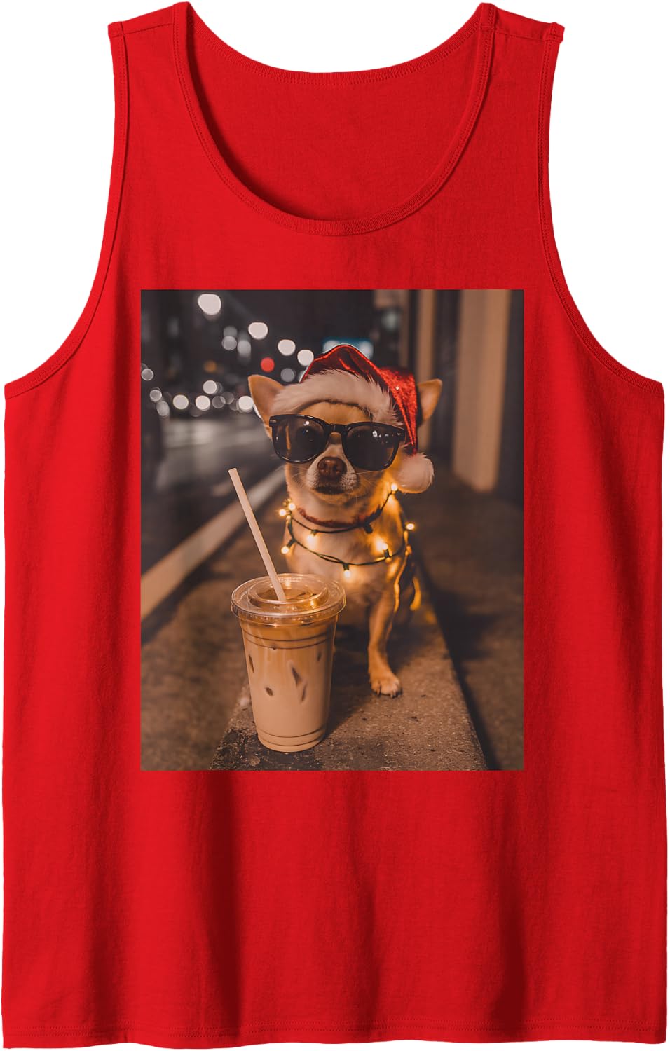 Chihuahua Drinking Iced Coffee Santa Dog Lovers Christmas Sleeveless Tank Top - Red