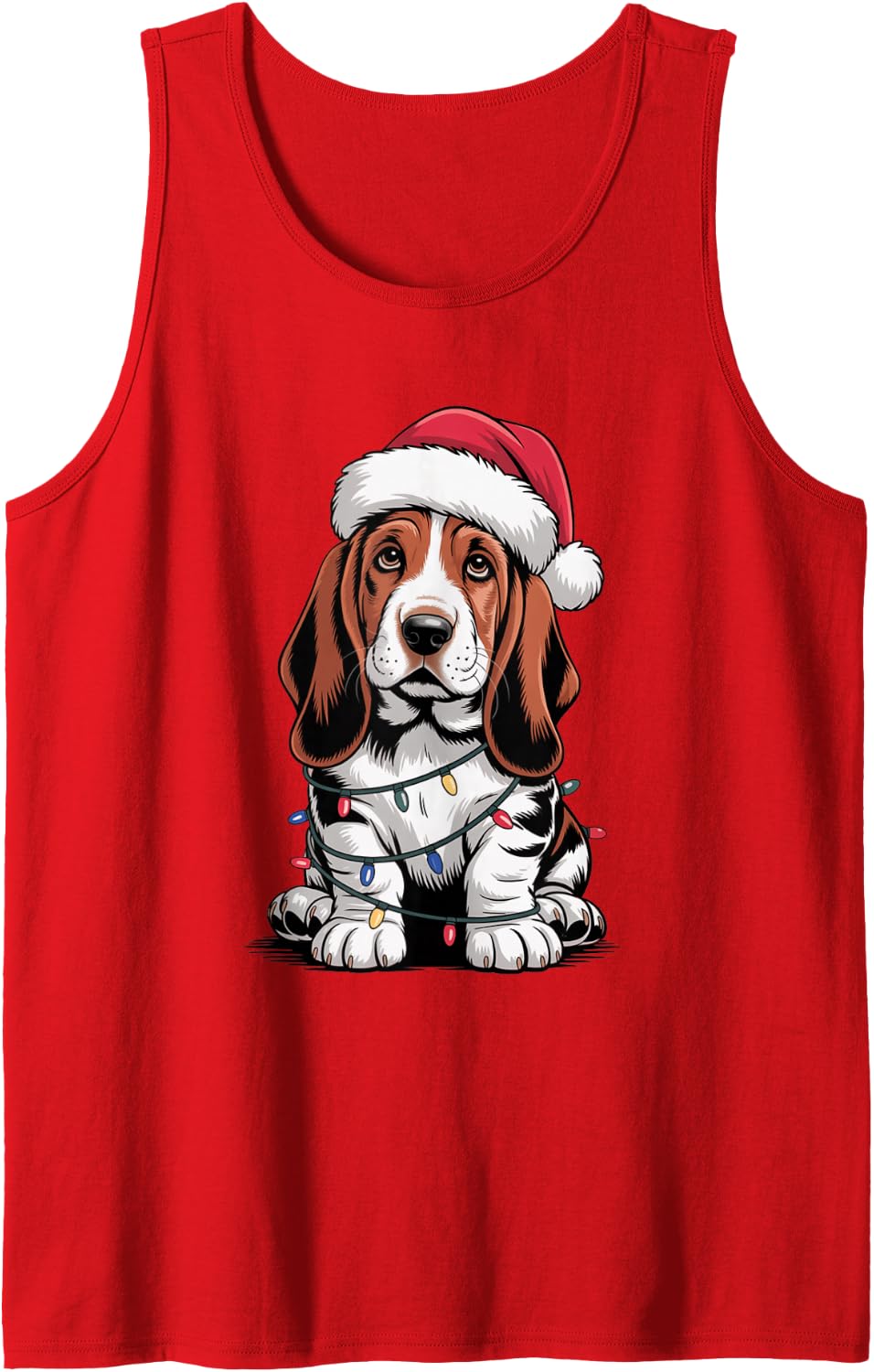 Cute Funny Basset Hound Puppy Santa Lights Dog Mom Dad Lover Sleeveless Tank Top - Red