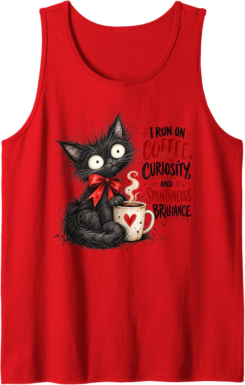 Black Cat Coffee Lover Funny Quirky Feline Kitten Mom Dad Sleeveless Tank Top - Red