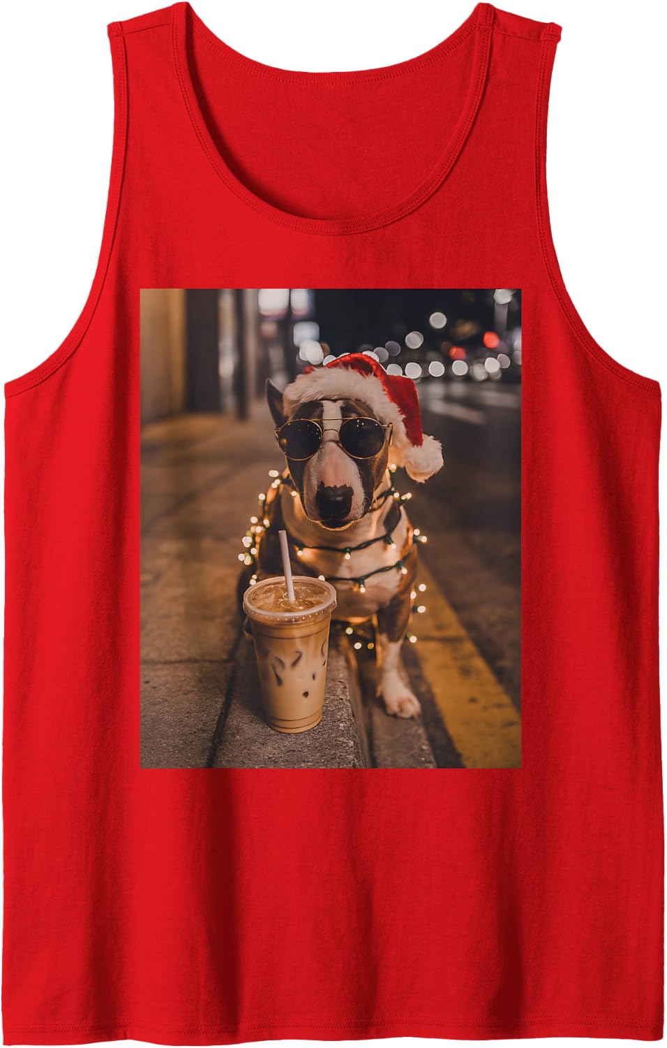 Bull Terrier Drinking Iced Coffee Santa Dog Lovers Christmas Sleeveless Tank Top - Red