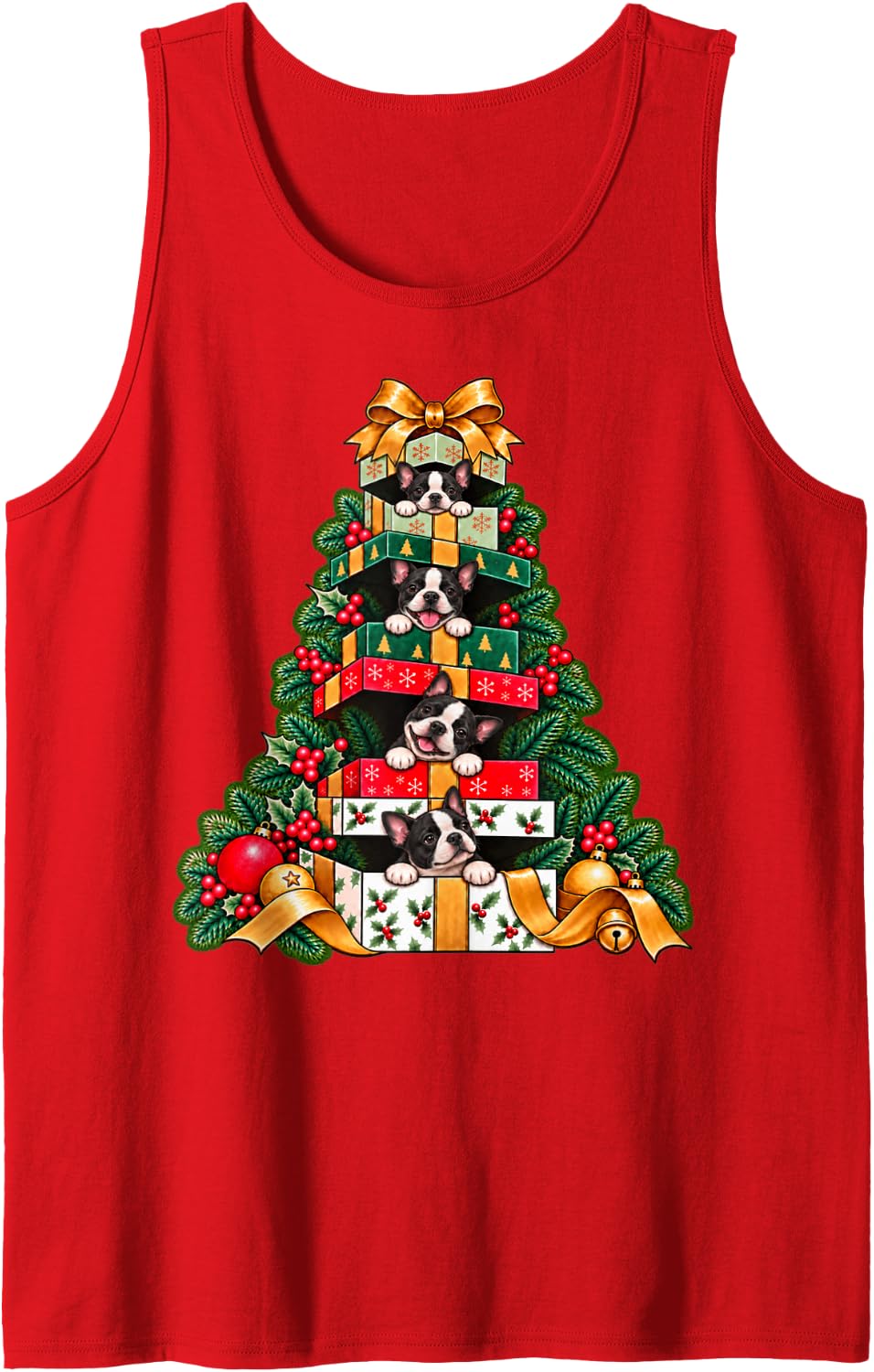 Boston Terrier Bostie Stacked Wrapped Boxes Tree Surprise Sleeveless Tank Top - Red