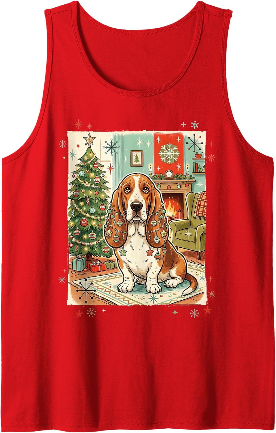 Basset Hound Dog Baubled Christmas Tree Ornaments Retro Sleeveless Tank Top - Red
