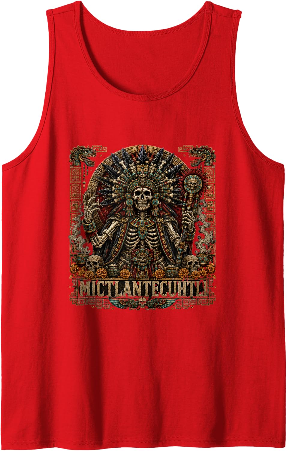 Aztec Death God Skeleton Skull Design Sleeveless Tank Top - Red
