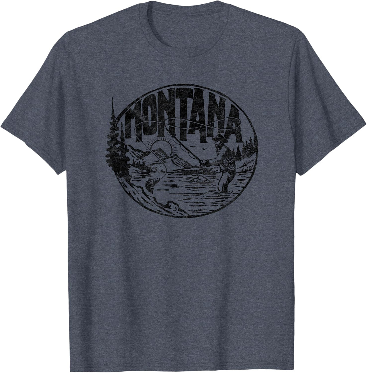 Montana Vintage Fly Fishing Retro Trout Stream Outdoor T-Shirt - Heather Blue