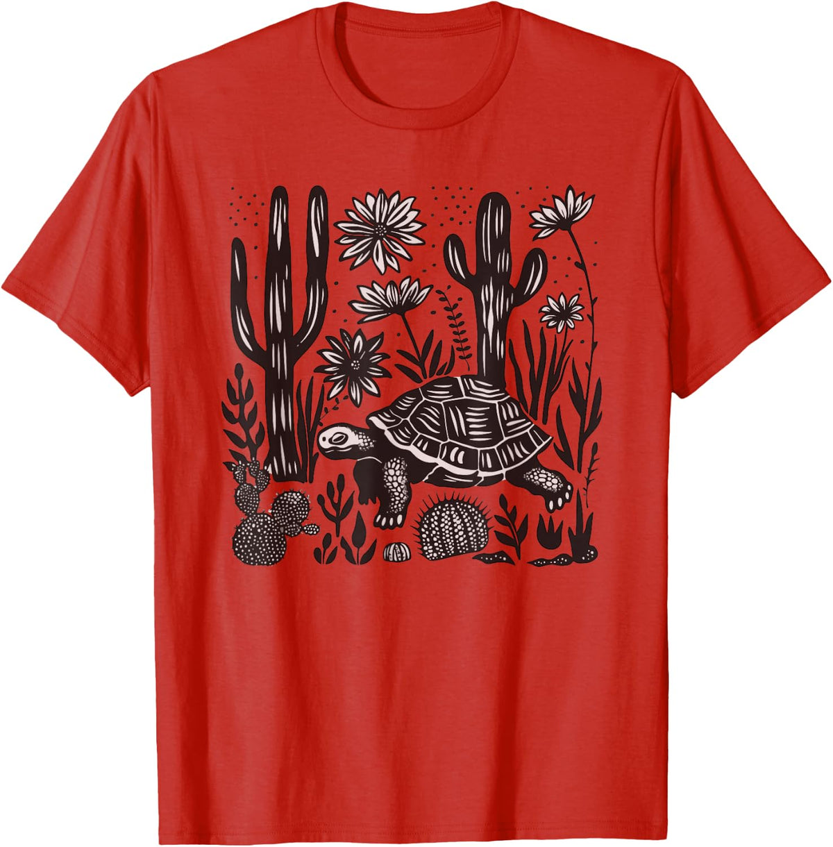 Mexican Linocut Print Mojave Desert Tortoise Cacti Landscape Tees T Shirts for Men Women - Red