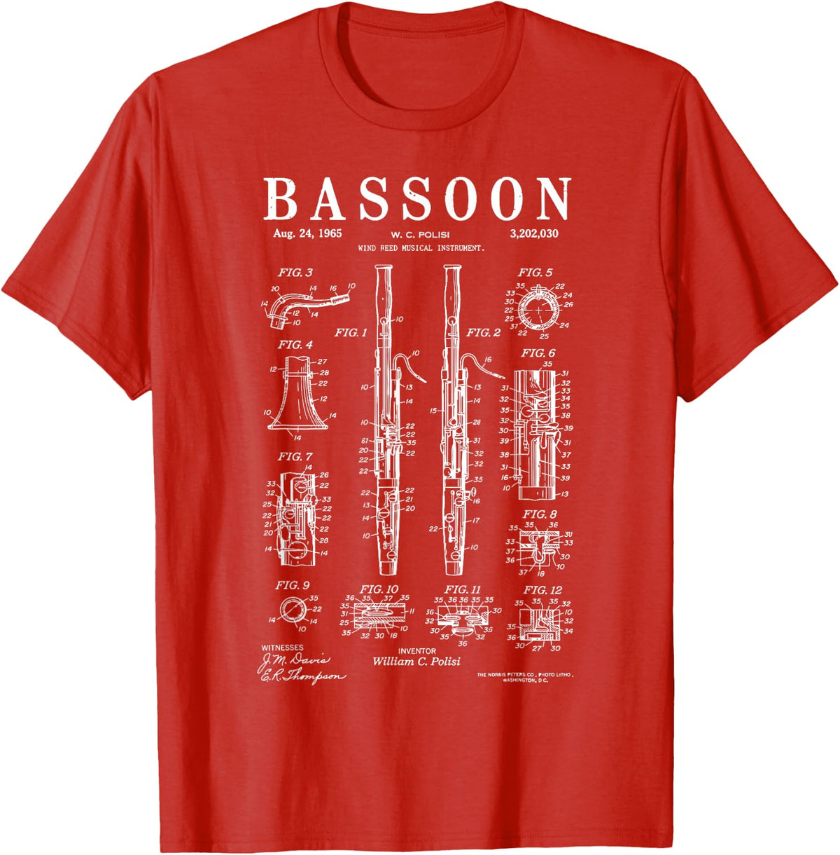 Vintage Bassoon Player Patent Blueprint Bassoonist Musician T-Shirt - Red