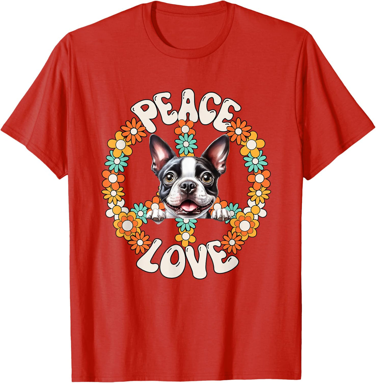 60s 70s Groovy Peace Love Boston Terrier Lovers T-Shirt - Red