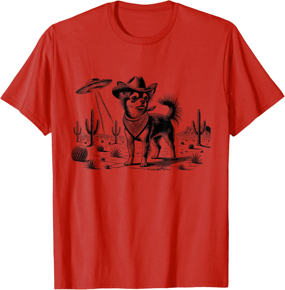 Vintage Chihuahua UFO Western Cowboy Wild West Dog Mom Dad T-Shirt - Red