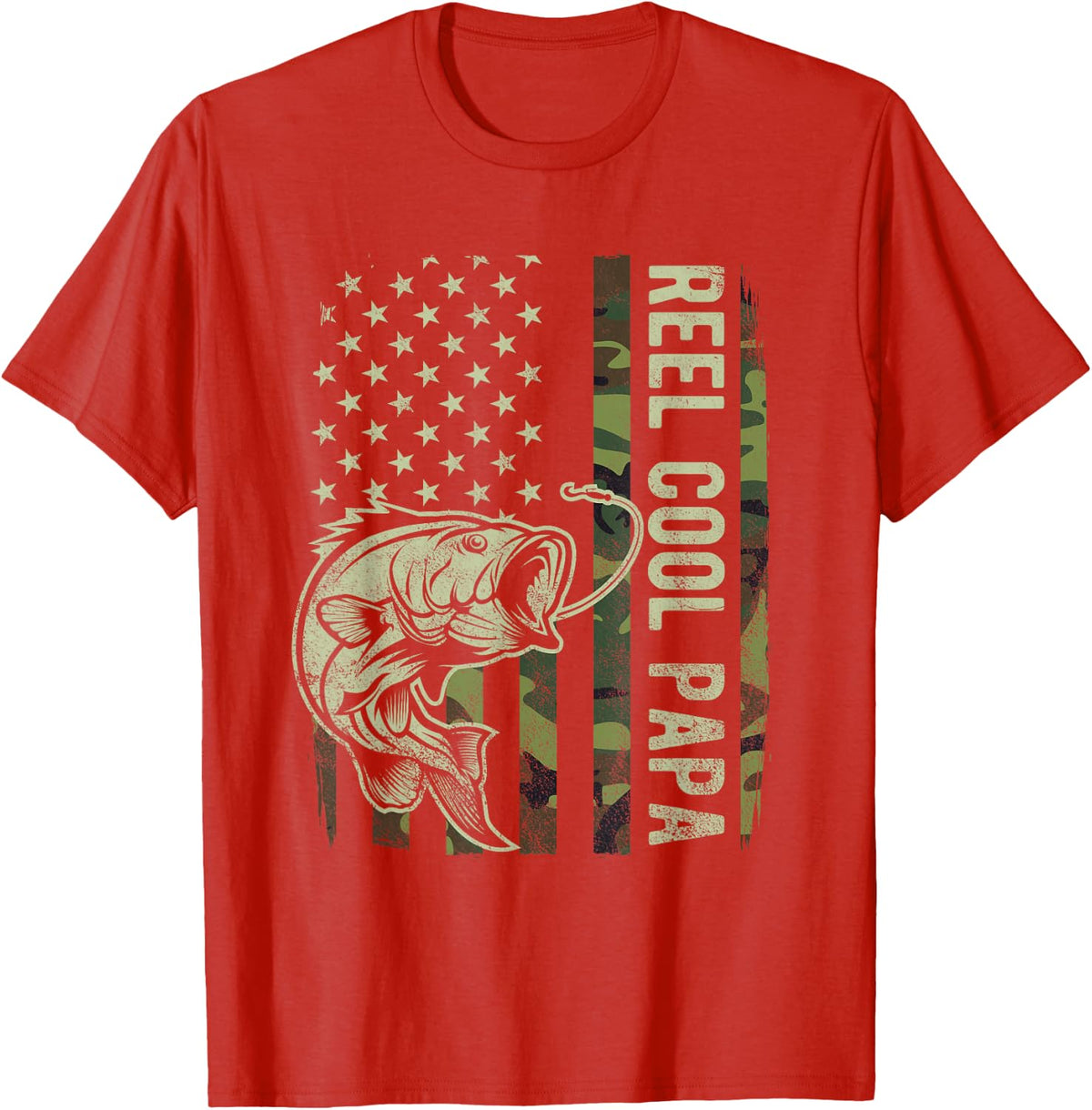 Reel Cool Papa Camouflage American Flag Bass Fish Fisherman T-Shirt - Red