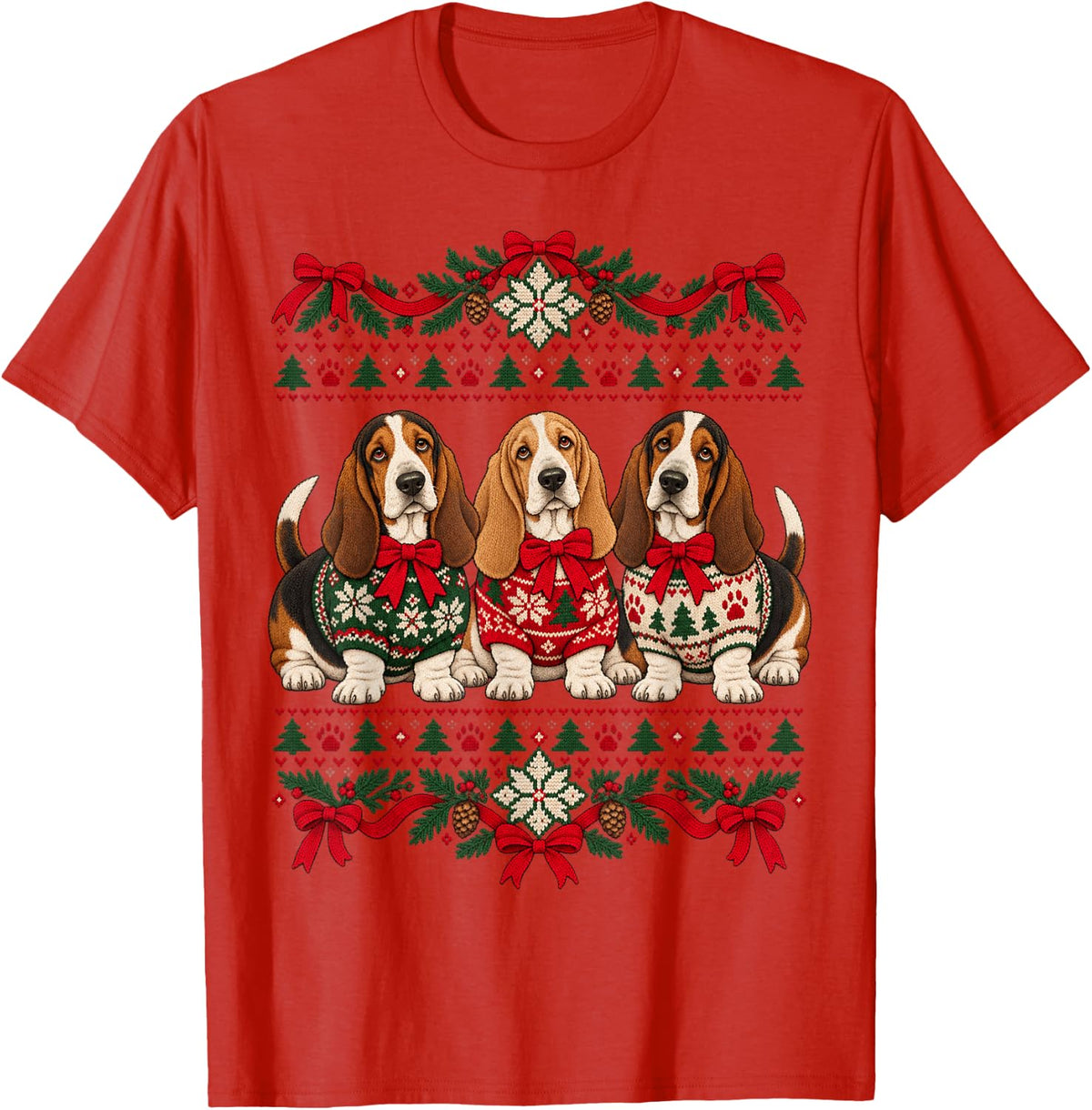 Christmas Basset Hound Ugly Sweater Holiday Xmas Dog Lover T-Shirt - Red