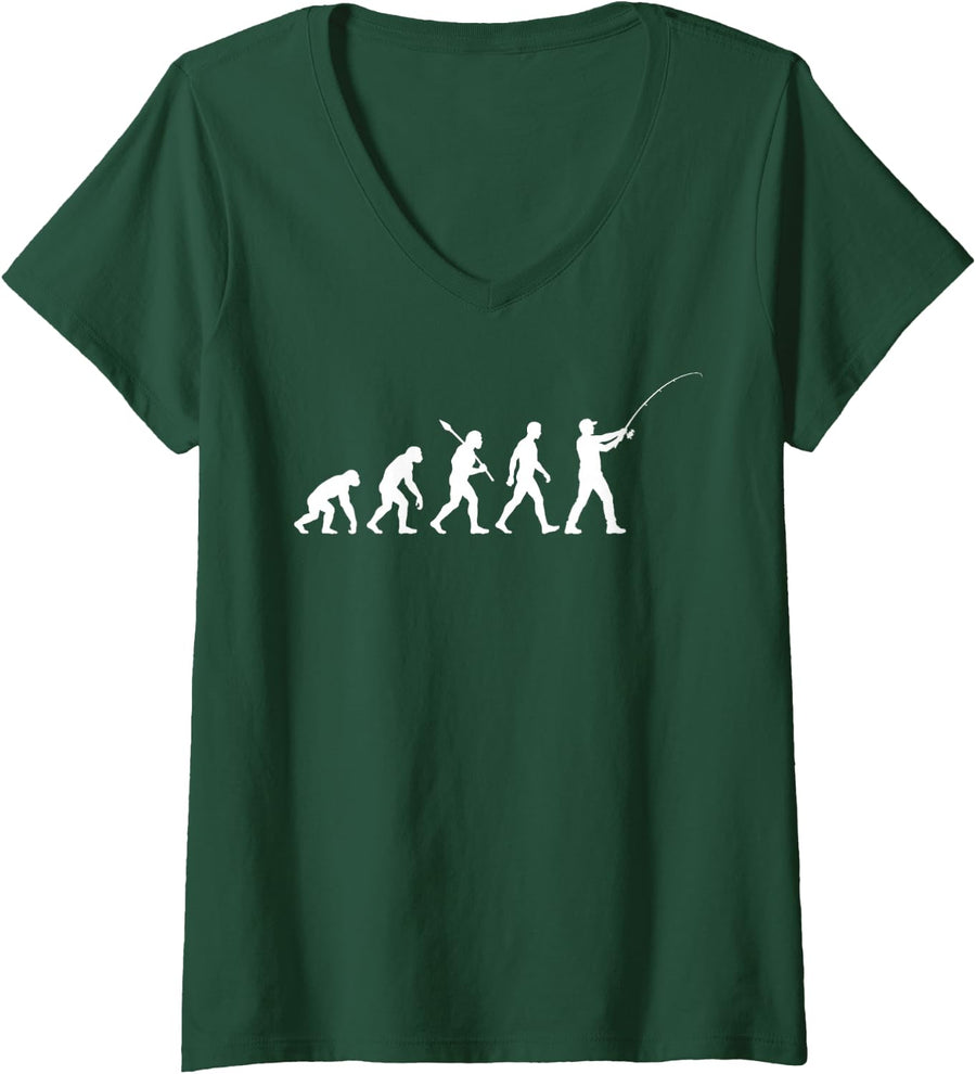 Women's Fishing Evolution Angler Fisherman Fish Lover Angling V-Neck T-Shirt - Dark Green