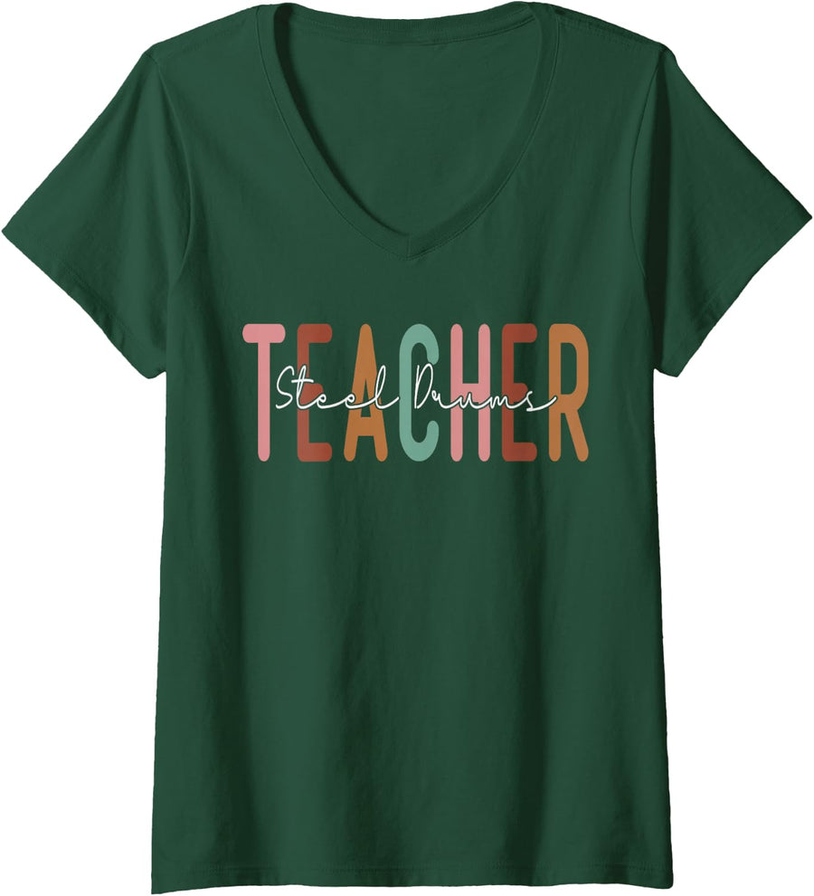Women's Steel Drums Teacher Retro Back to School Women Vintage V-Neck T-Shirt - Dark Green
