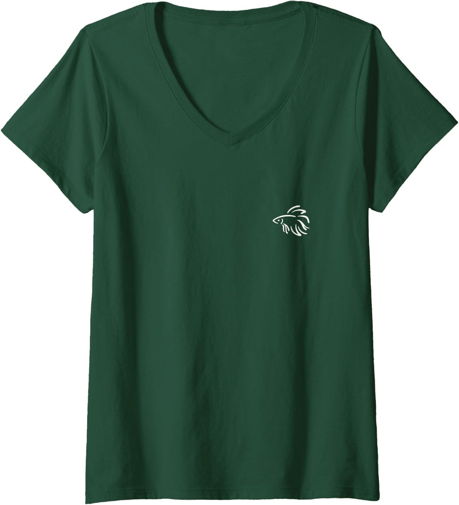 Women's Simple Minimalist Badge Patch Line Art Betta Fish V-Neck T-Shirt - Dark Green