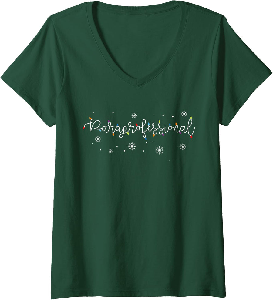 Women's Cute Christmas Paraprofessional X-mas Light Festive SPED V-Neck T-Shirt - Dark Green