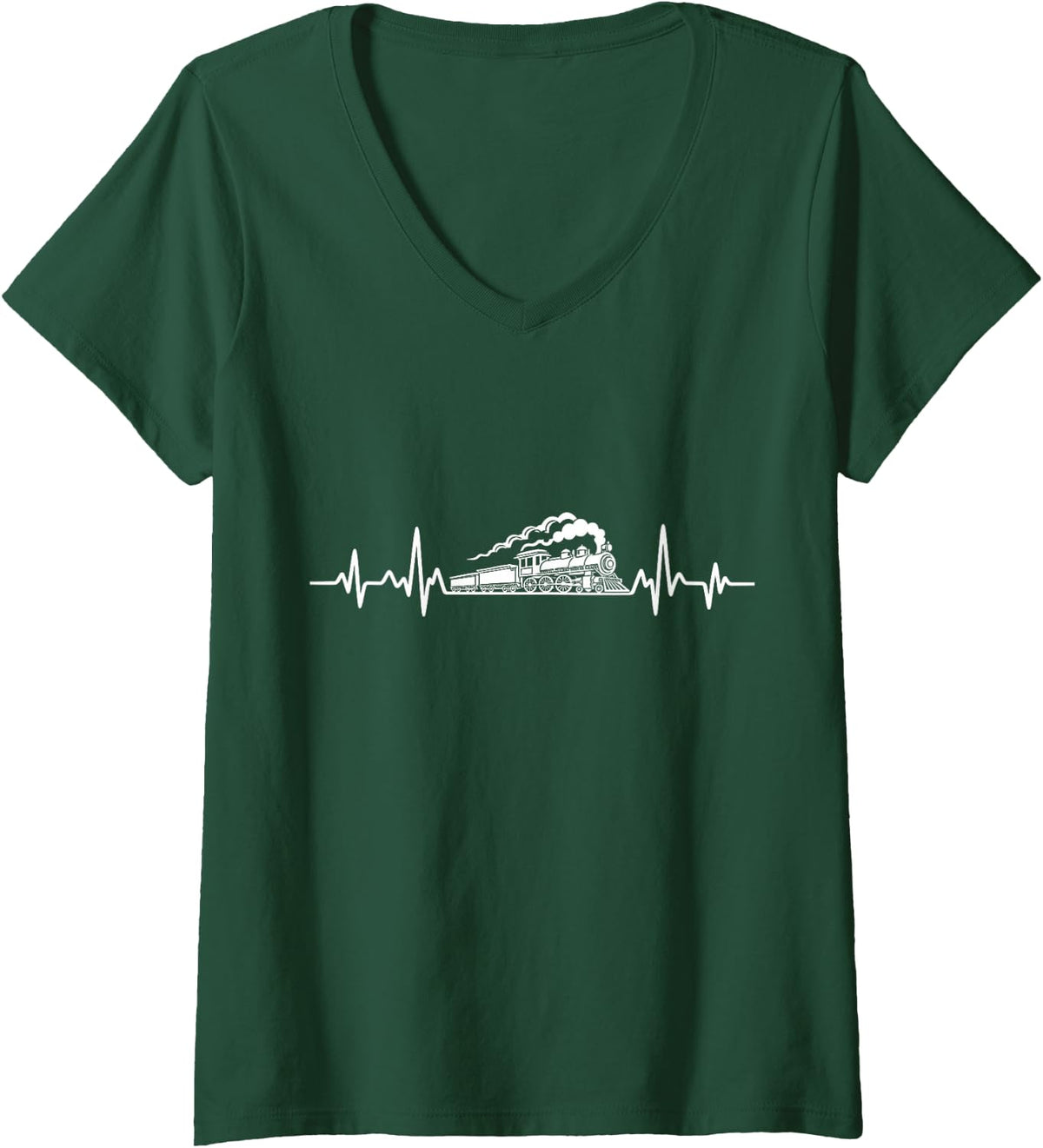 Women's Train, Heartbeat, Steam Locomotive Railroad Lover V-Neck T-Shirt - Dark Green