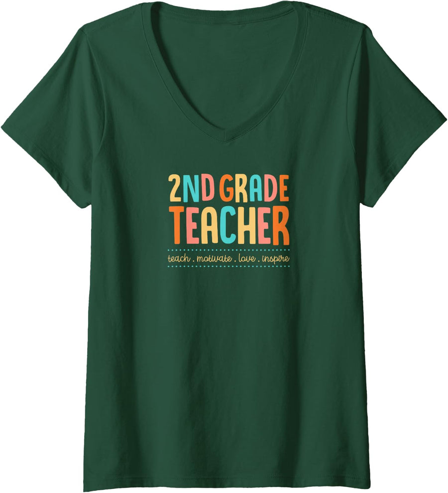 Women's 2nd Grade Teacher Teach Motivate Love Inspire Teaching Motto V-Neck T-Shirt - Dark Green