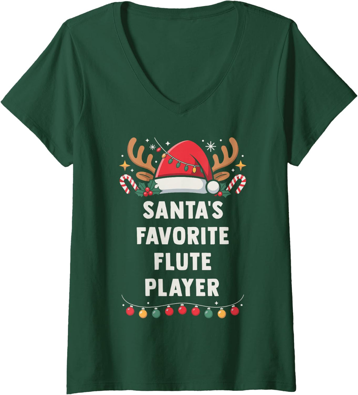 Women's Santa's Favorite Flute Player Christmas Concert Band Squad V-Neck T-Shirt - Dark Green