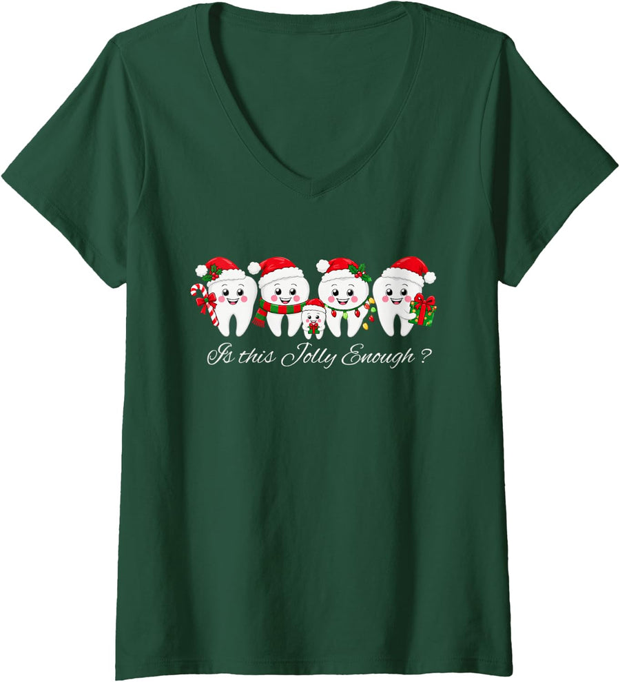 Women's Dental Christmas Teeth Costume Dentist is This Jolly Enough V-Neck T-Shirt - Dark Green