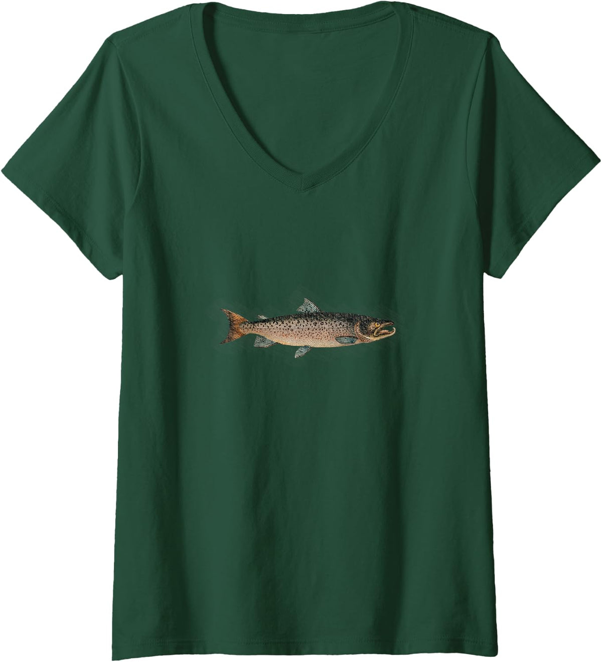 Women's Atlantic Salmon Vintage Illustration da Vinci Style Fishing V-Neck T-Shirt - Dark Green