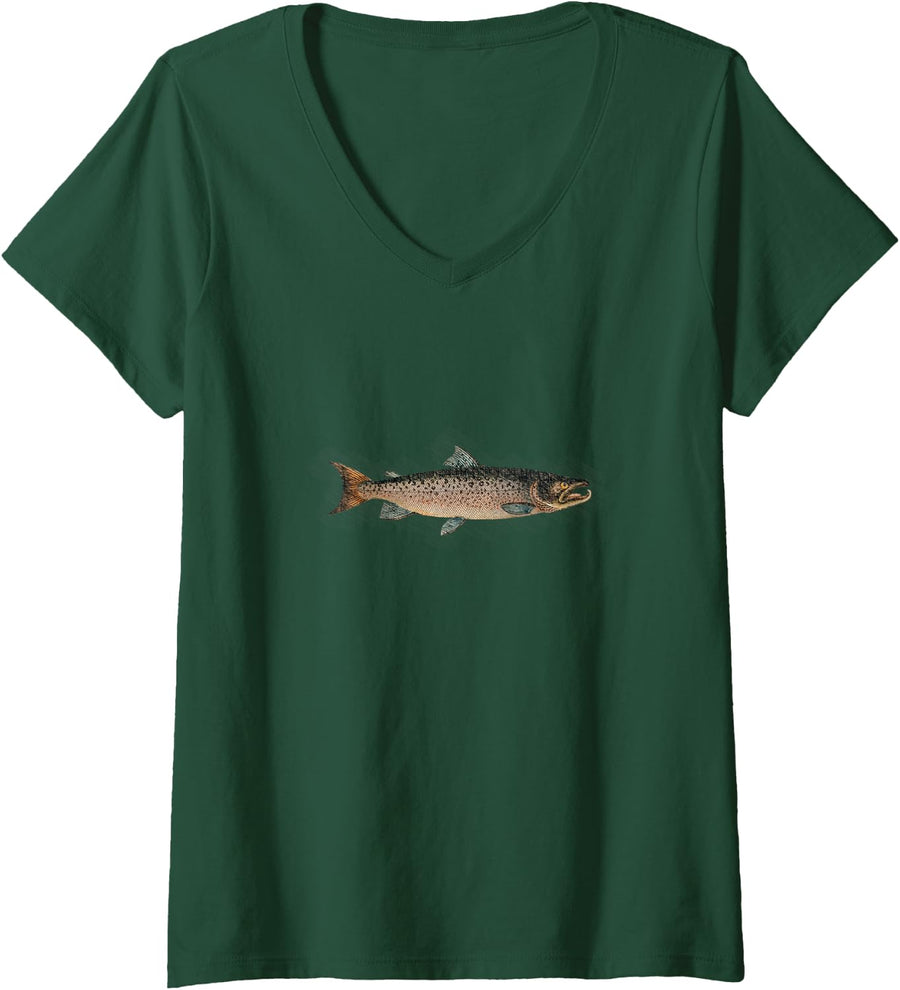 Women's Atlantic Salmon Vintage Illustration da Vinci Style Fishing V-Neck T-Shirt - Dark Green