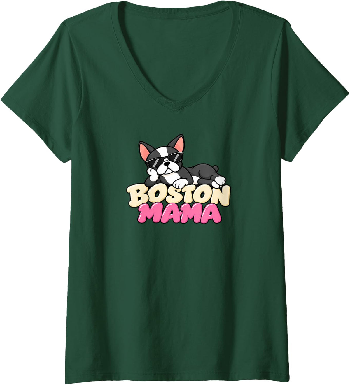 Women's Boston Terrier Mama V-Neck T-Shirt - Dark Green