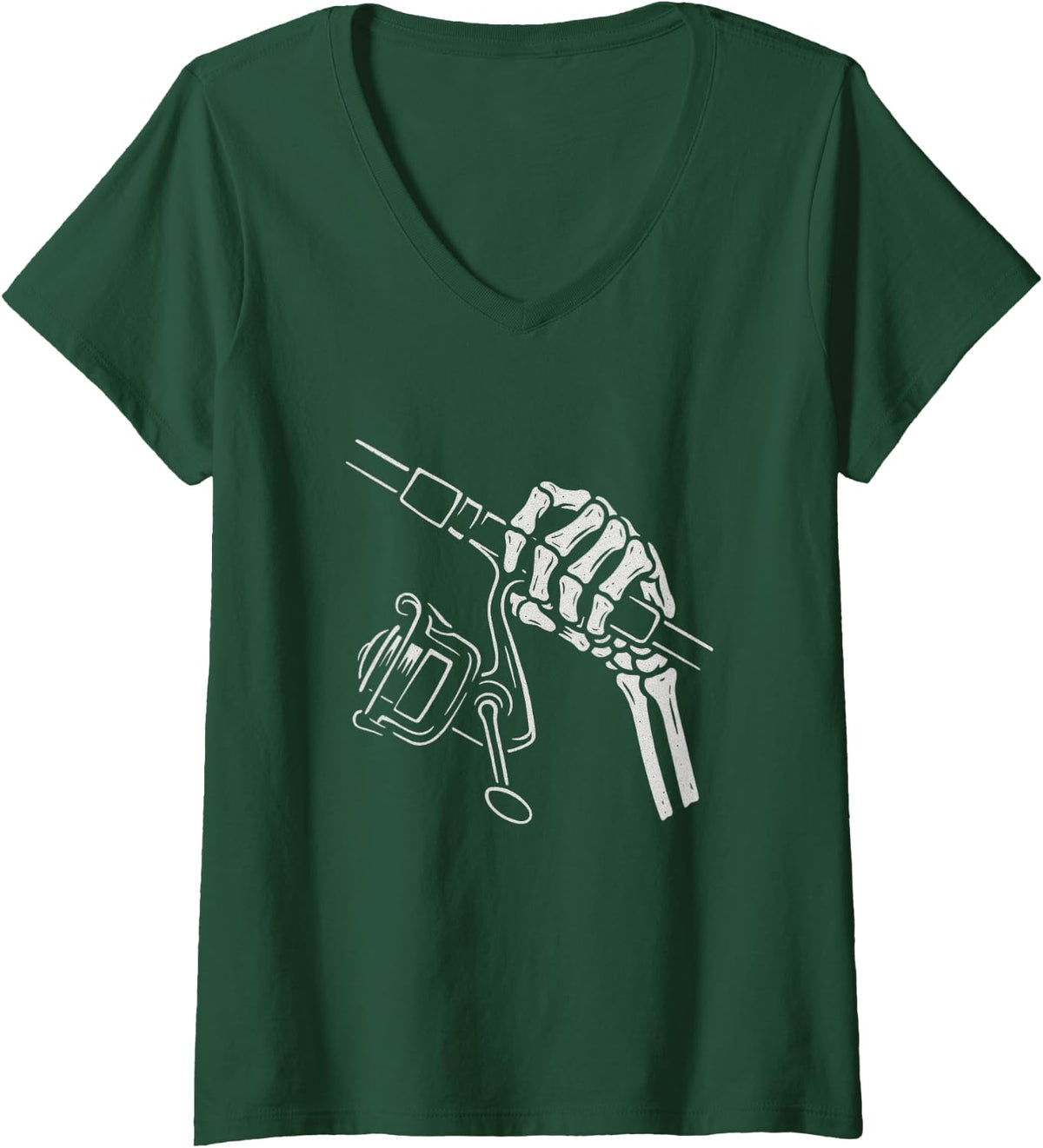 Women's Skeleton Hands Fishing Rod Reel Halloween Costume Fisherman V-Neck T-Shirt - Dark Green