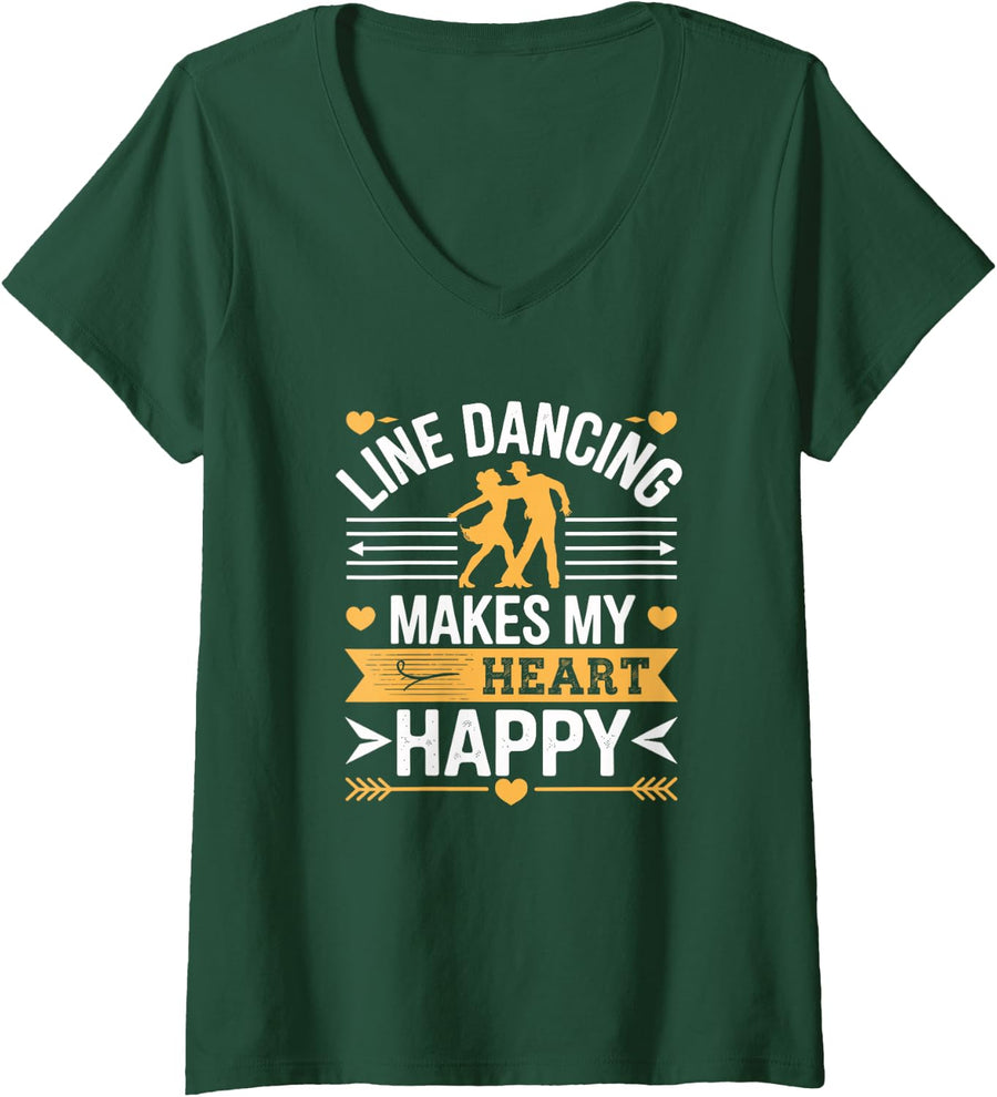 Women's Line Dancing Makes My Heart Happy Line Dancer V-Neck T-Shirt - Dark Green