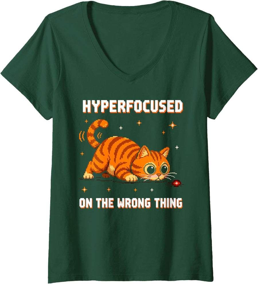 Women's Hyperfocused On The Wrong Thing ADHD Cat Gamer V-Neck T-Shirt - Dark Green