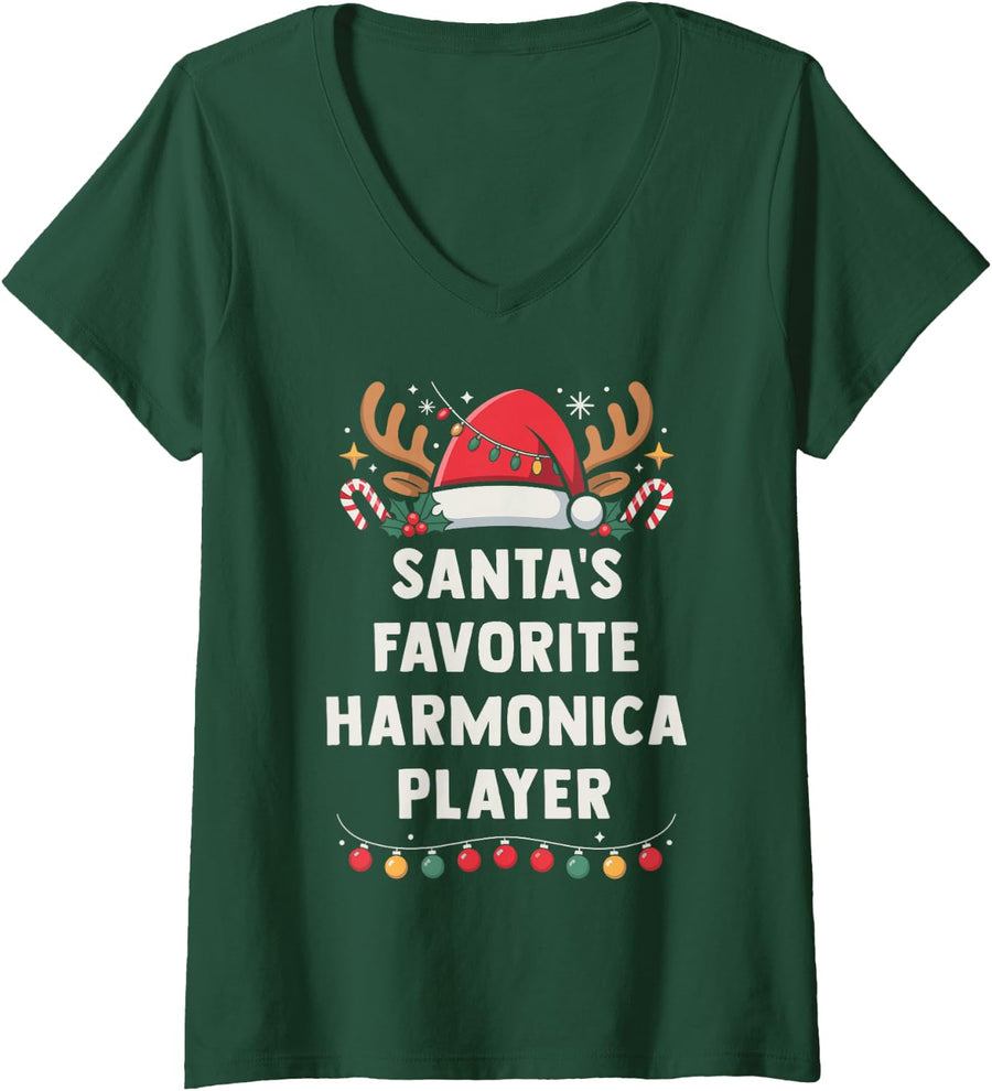 Women's Santa's Favorite Harmonica Player Christmas Concert Crew V-Neck T-Shirt - Dark Green