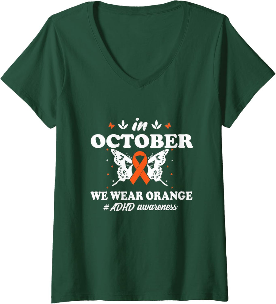 Women's ADHD Awareness Month We Wear Orange Butterfly V-Neck T-Shirt - Dark Green