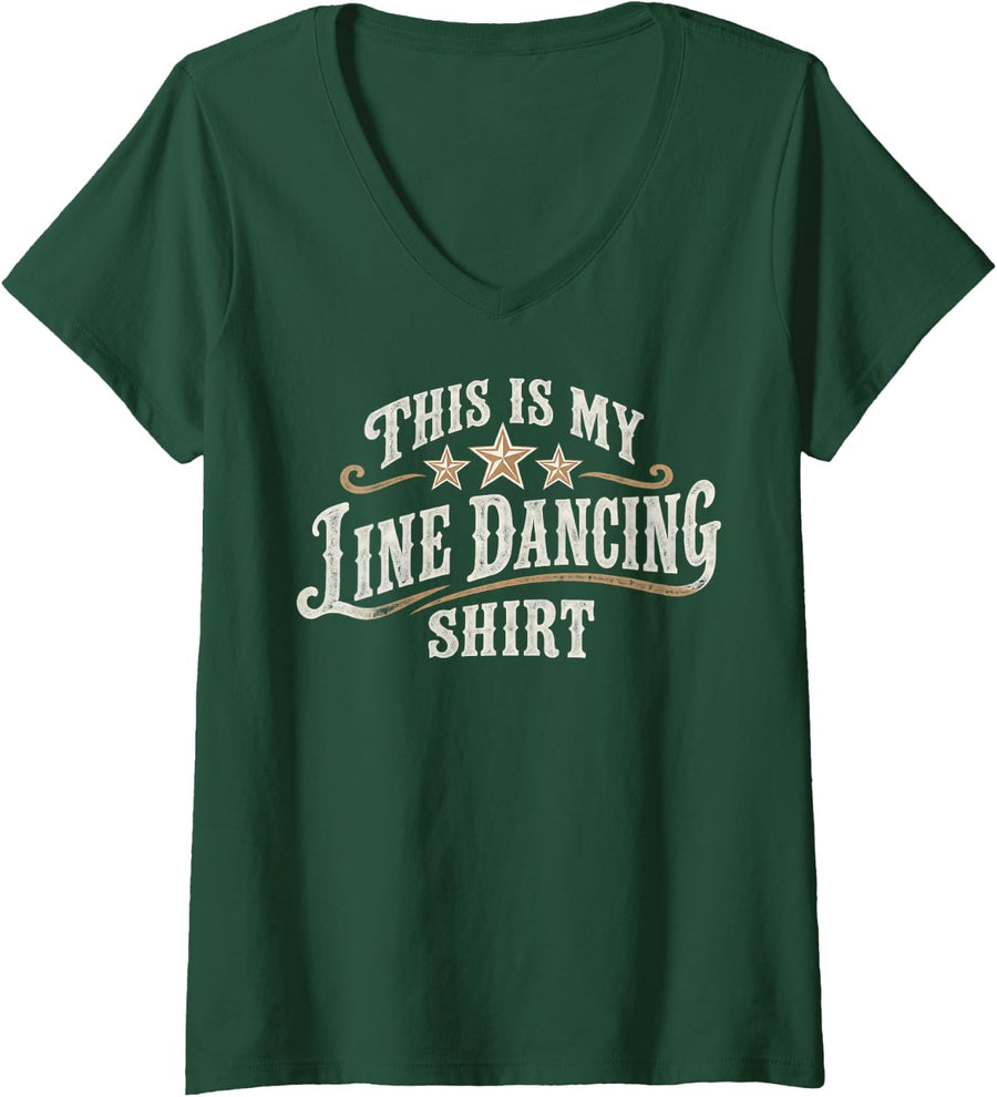Women's This is My Line Dancing Country Western Star Design V-Neck T-Shirt - Dark Green