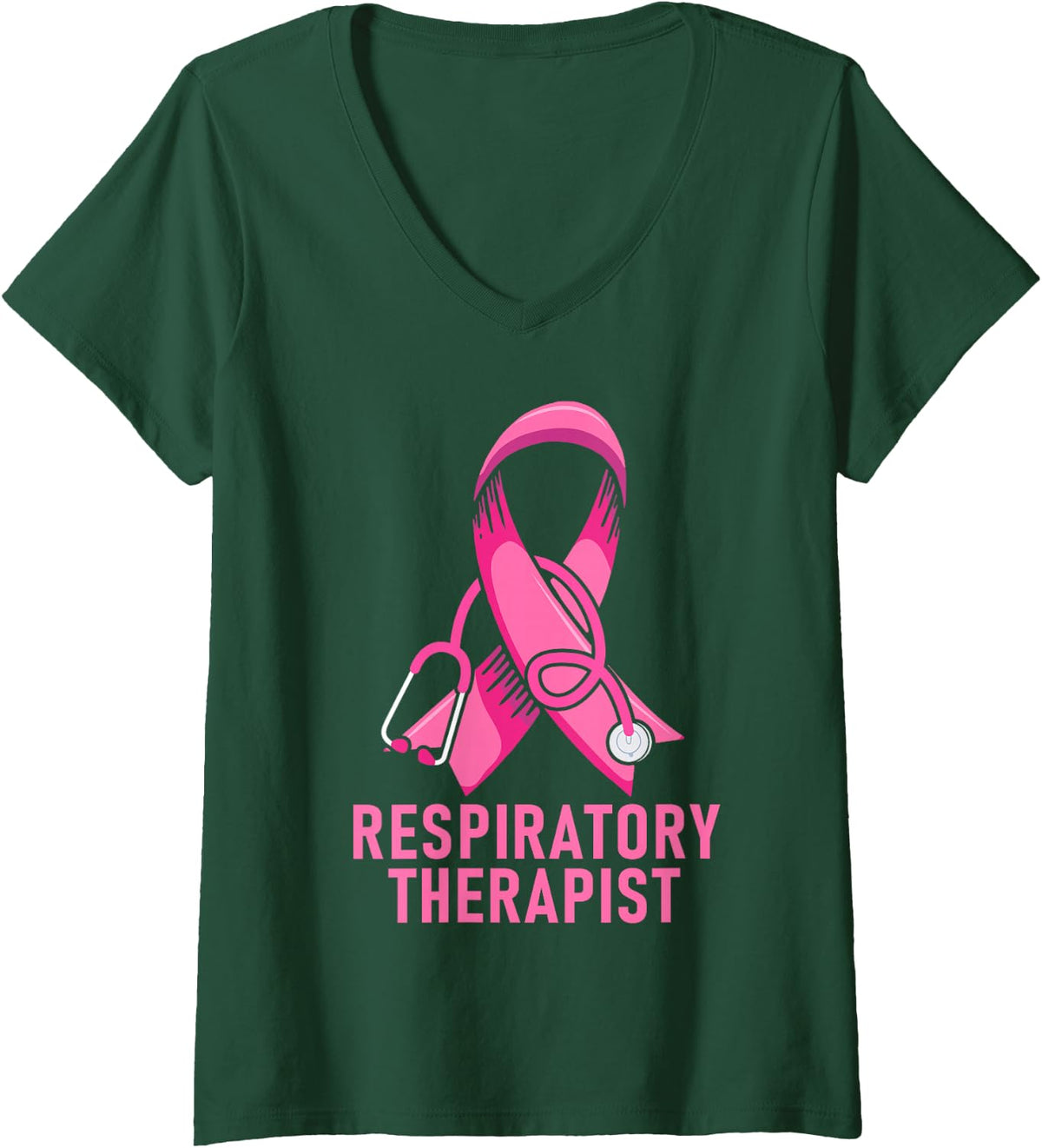 Women's Respiratory Therapist Stethoscope Pink RT Life Breast Cancer V-Neck T-Shirt - Dark Green