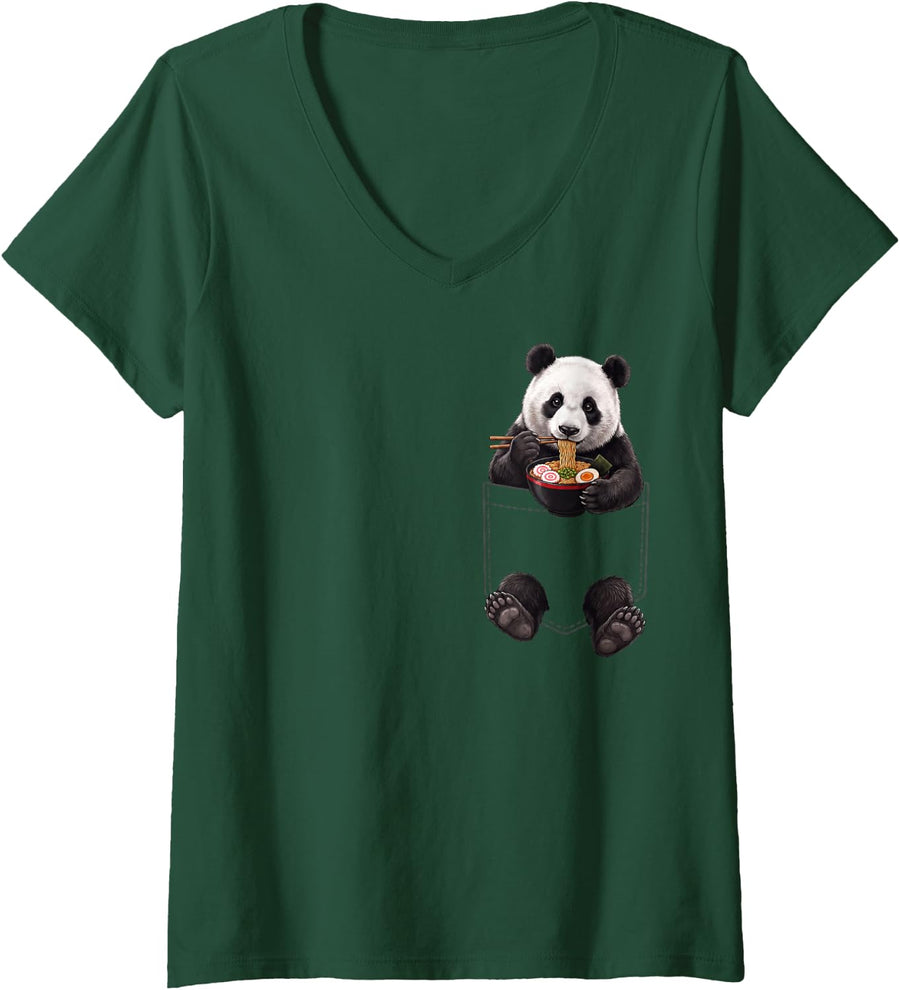 Women's Panda Pocket Ramen Bowl Japanese Food Lover V-Neck T-Shirt - Dark Green